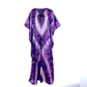 Original design, silky curved V neckline dolman maxi dress/gown. Purple tie dye.